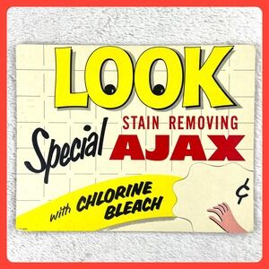 1950s Ajax Bleach LOOK Vintage Advertising Sign 14" Cardboard Store Display